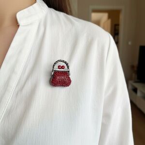 Elegant Red Crystal Purse Brooch Pin Retro Cutesy